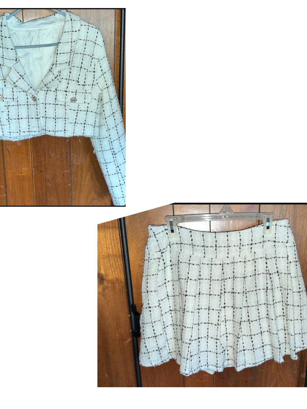 Cropped Tweed Plaid Cropped Blazer & Mini Skirt - White/Black